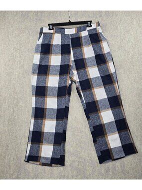Plaid Polyester Checkered Pants Navy Blue/Brown Colorway Wide Leg Zip Closure
